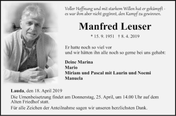 Traueranzeige von Manfred Leuser von Fränkische Nachrichten