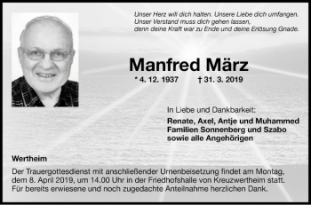 Traueranzeige von Manfred März von Fränkische Nachrichten
