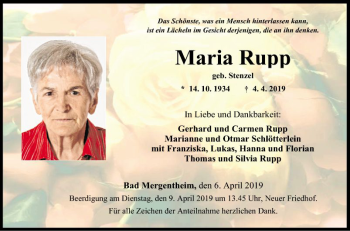 Traueranzeige von Maria Rupp von Fränkische Nachrichten
