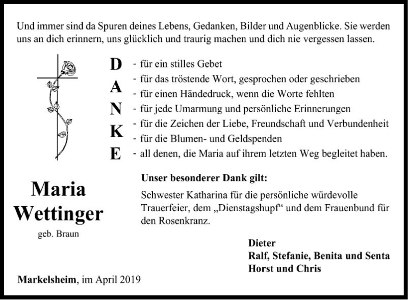  Traueranzeige für Maria Wettinger vom 16.04.2019 aus Fränkische Nachrichten