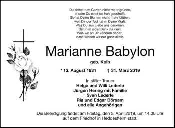 Traueranzeige von Marianne Babylon von Mannheimer Morgen