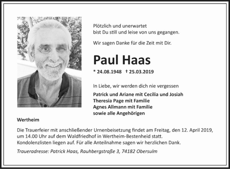  Traueranzeige für Paul Haas vom 06.04.2019 aus Fränkische Nachrichten