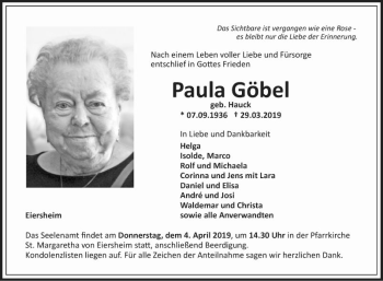 Traueranzeige von Paula Göbel von Fränkische Nachrichten