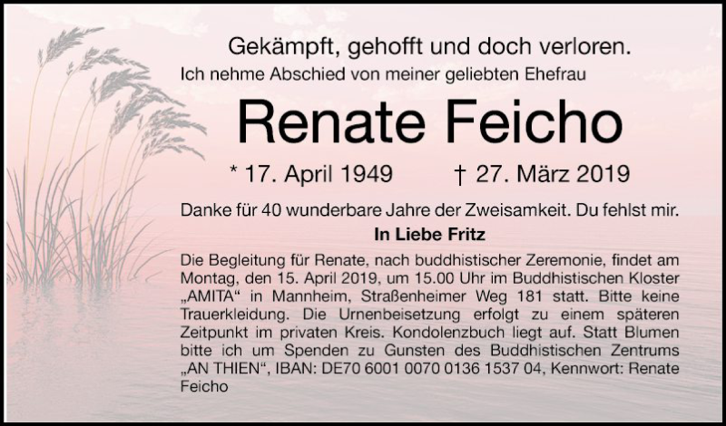  Traueranzeige für Renate Feicho vom 06.04.2019 aus Mannheimer Morgen