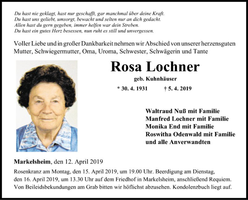  Traueranzeige für Rosa Lochner vom 12.04.2019 aus Fränkische Nachrichten