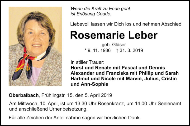  Traueranzeige für Rosemarie Leber vom 05.04.2019 aus Fränkische Nachrichten
