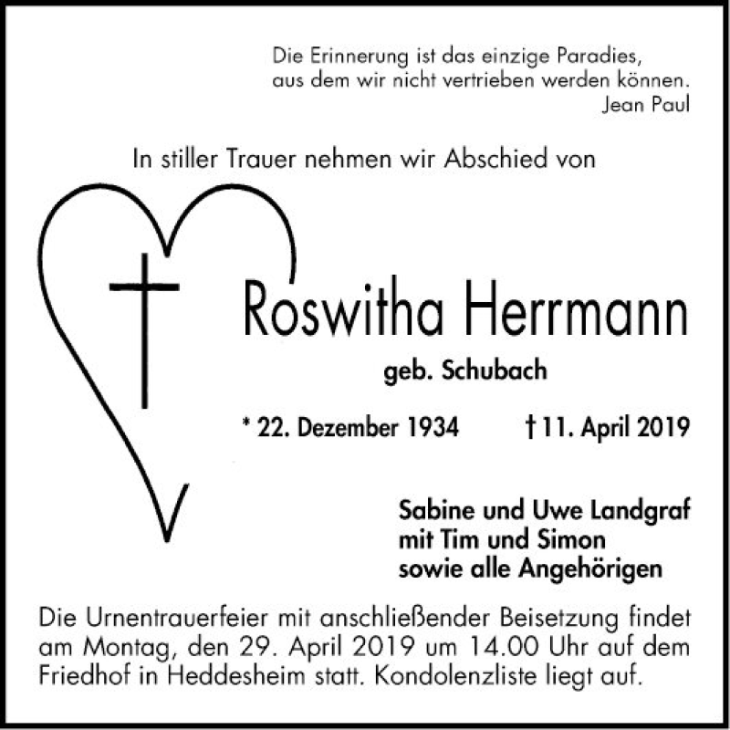  Traueranzeige für Roswitha Herrmann vom 25.04.2019 aus Mannheimer Morgen
