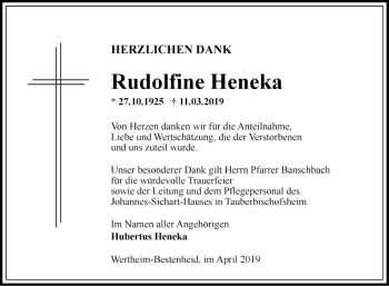 Traueranzeige von Rudolfine Heneka von Fränkische Nachrichten