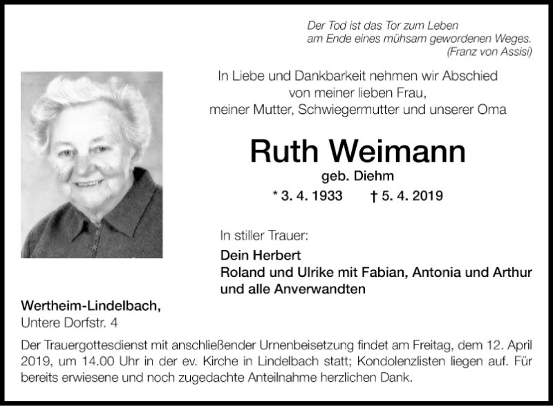  Traueranzeige für Ruth Weimann vom 09.04.2019 aus Fränkische Nachrichten