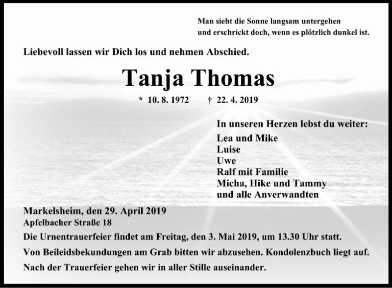  Traueranzeige für Tanja Thomas vom 29.04.2019 aus Fränkische Nachrichten
