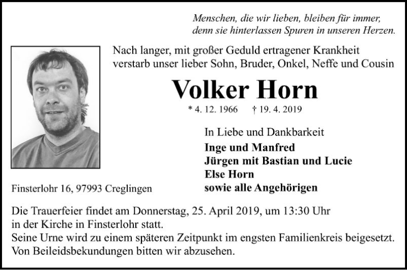  Traueranzeige für Volker Horn vom 23.04.2019 aus Fränkische Nachrichten