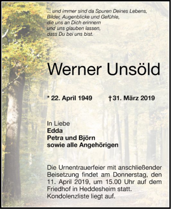 Traueranzeige von Werner Unsöld von Mannheimer Morgen