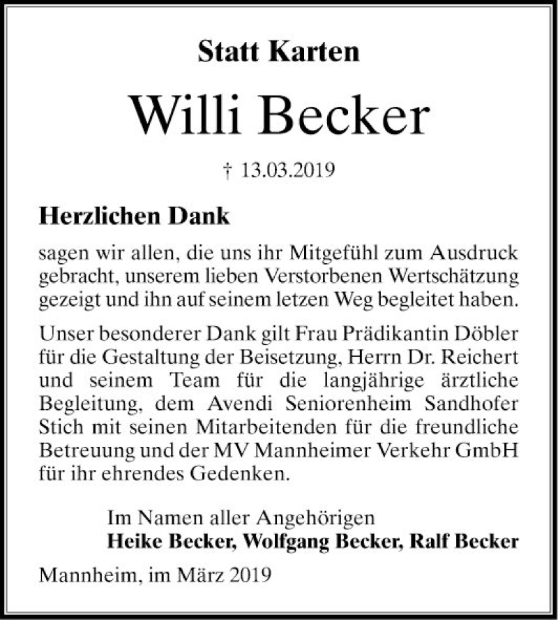  Traueranzeige für Willi Becker vom 06.04.2019 aus Mannheimer Morgen