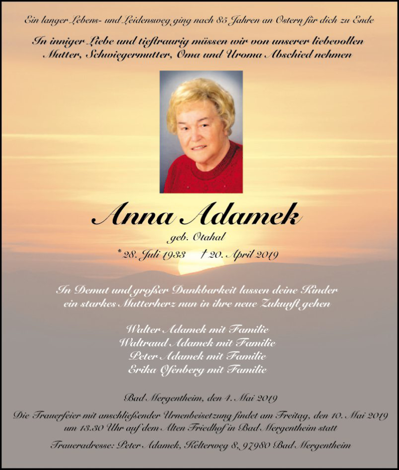  Traueranzeige für Anna Adamek vom 04.05.2019 aus Fränkische Nachrichten