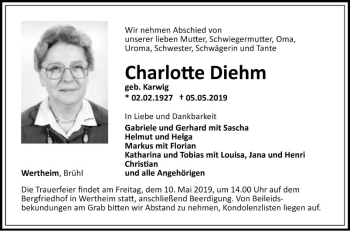 Traueranzeige von Charlotte Diehm von Fränkische Nachrichten