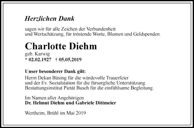  Traueranzeige für Charlotte Diehm vom 24.05.2019 aus Fränkische Nachrichten