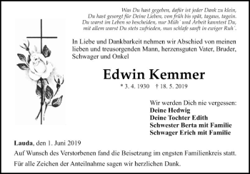 Traueranzeige von Edwin Kemmer von Fränkische Nachrichten