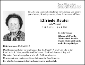 Traueranzeige von Elfriede Reuter von Fränkische Nachrichten