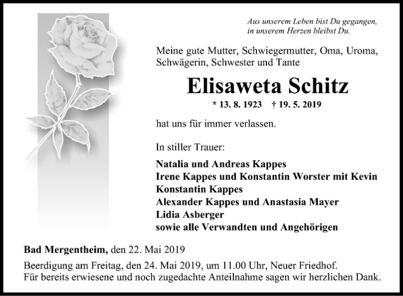  Traueranzeige für Elisaweta Schitz vom 22.05.2019 aus Fränkische Nachrichten