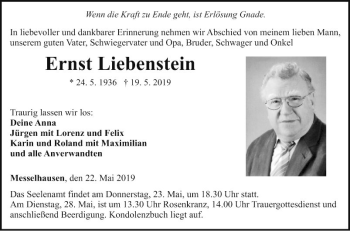 Traueranzeige von Ernst Liebenstein von Fränkische Nachrichten
