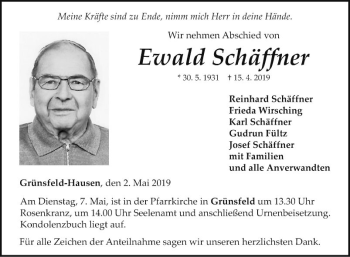 Traueranzeige von Ewald Schäffner von Fränkische Nachrichten
