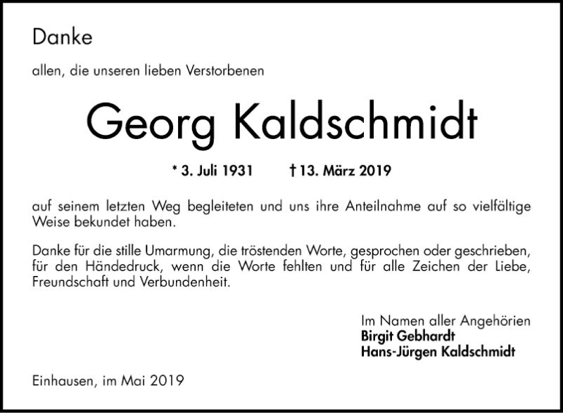  Traueranzeige für Georg Kaldschmidt vom 04.05.2019 aus Bergsträßer Anzeiger