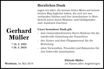 Traueranzeige von Gerhard Müller von Fränkische Nachrichten