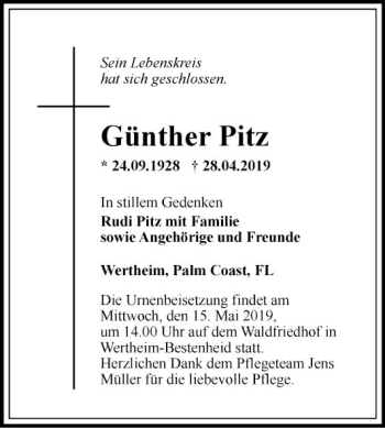 Traueranzeige von Günther Pitz von Fränkische Nachrichten