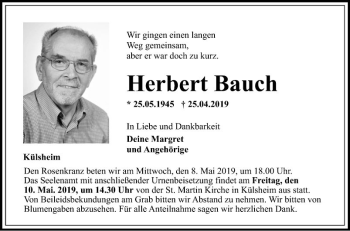 Traueranzeige von Herbert Bauch von Fränkische Nachrichten