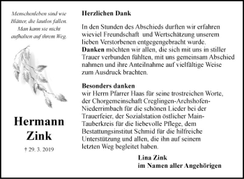 Traueranzeige von Hermann Zink von Fränkische Nachrichten