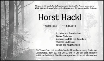 Traueranzeige von Horst Hackl von Mannheimer Morgen