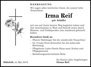 Traueranzeige von Irma Reif von Fränkische Nachrichten
