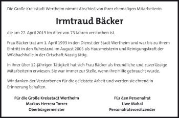 Traueranzeige von Irmtraud Bäcker von Fränkische Nachrichten