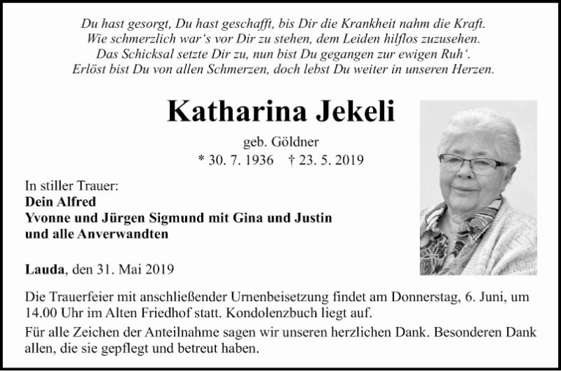  Traueranzeige für Katharina Jekeli vom 31.05.2019 aus Fränkische Nachrichten