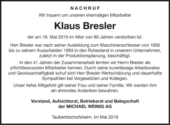 Traueranzeige von Klaus Bresler von Fränkische Nachrichten