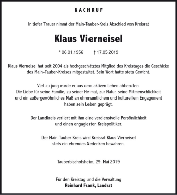 Traueranzeige von Klaus Vierneisel von Fränkische Nachrichten