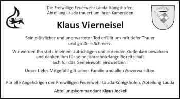 Traueranzeige von Klaus Vierneisel von Fränkische Nachrichten