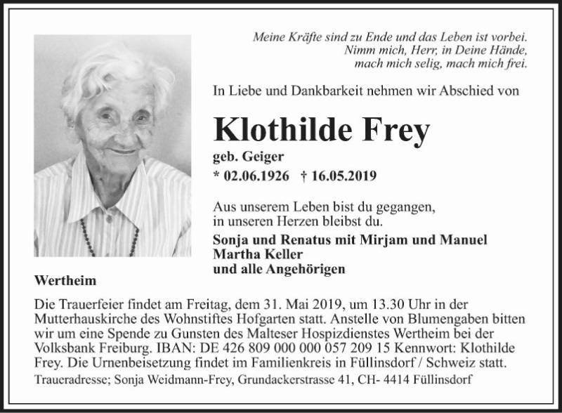  Traueranzeige für Klothilde Frey vom 25.05.2019 aus Fränkische Nachrichten