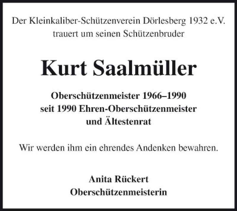  Traueranzeige für Kurt Saalmüller vom 10.05.2019 aus Fränkische Nachrichten