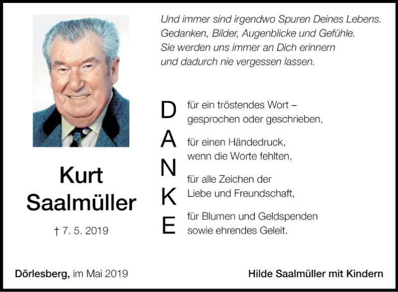  Traueranzeige für Kurt Saalmüller vom 25.05.2019 aus Fränkische Nachrichten