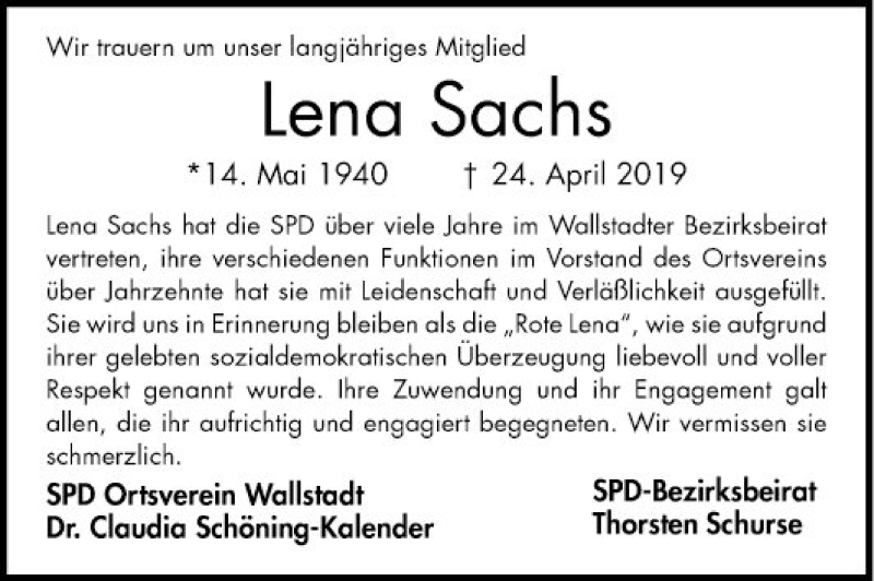  Traueranzeige für Lena Sachs vom 04.05.2019 aus Mannheimer Morgen