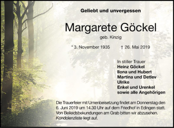 Traueranzeige von Margarete Göckel von Mannheimer Morgen
