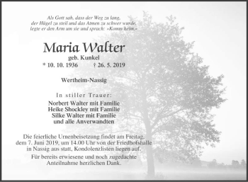 Traueranzeige von Maria Walter von Fränkische Nachrichten