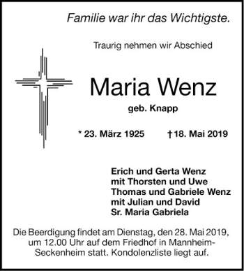 Traueranzeige von Maria Wenz von Mannheimer Morgen