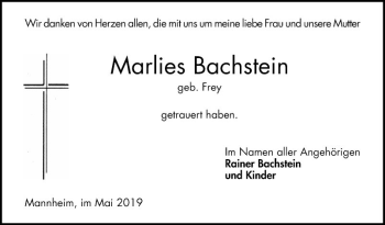 Traueranzeige von Marlies Bachstein von Mannheimer Morgen