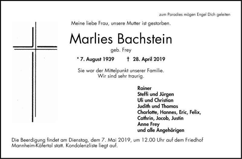  Traueranzeige für Marlies Bachstein vom 04.05.2019 aus Mannheimer Morgen