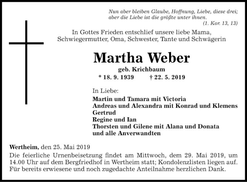  Traueranzeige für Martha Weber vom 25.05.2019 aus Fränkische Nachrichten
