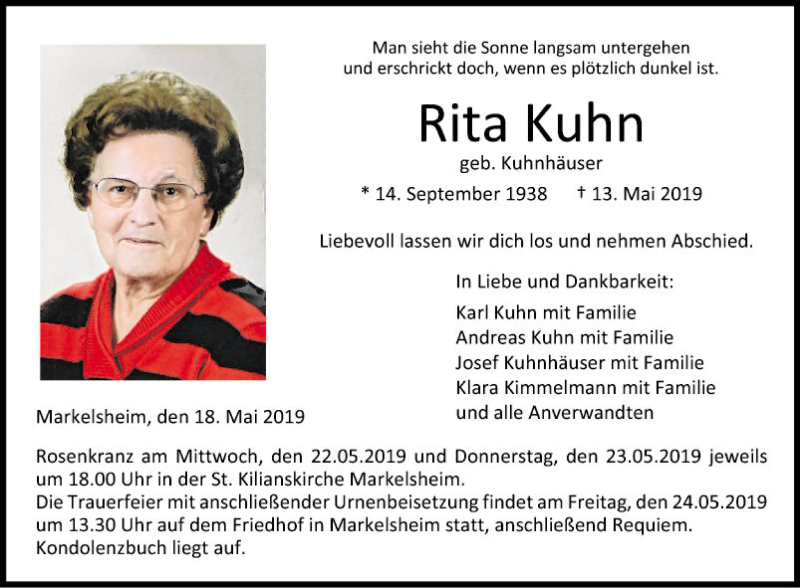  Traueranzeige für Rita Kuhn vom 18.05.2019 aus Fränkische Nachrichten