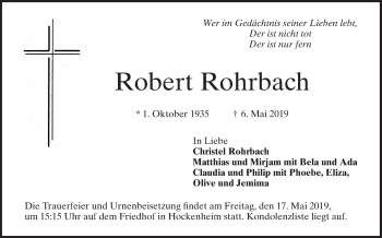 Traueranzeige von Robert Rohrbach von Schwetzinger Zeitung