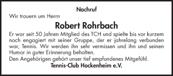 Traueranzeige von Robert Rohrbach von Schwetzinger Zeitung